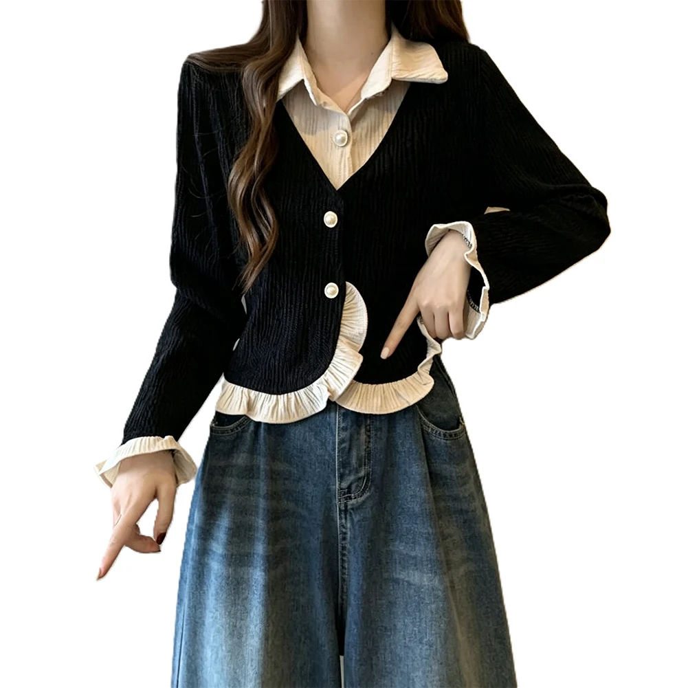 Loose for Fit Women Color Block Two Piece For Top with Long Sleeves and Lapel Collar for Beach Cycling Holiday Use