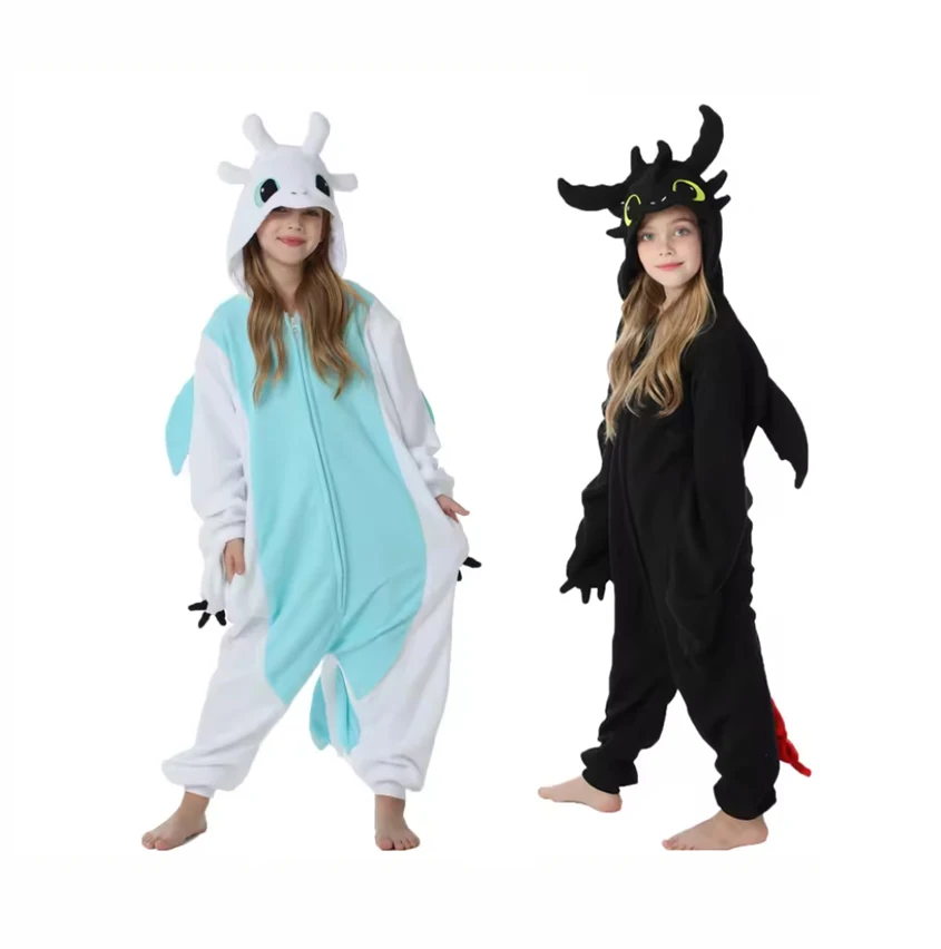 Kombinezon dziecięcy czarny Smok Kigurumi dla dzieci Piżama z kreskówki Kostium zwierzęcy Cosplay Halloween Boże Narodzenie Ubrania dla dziewczynek Odzież domowa
