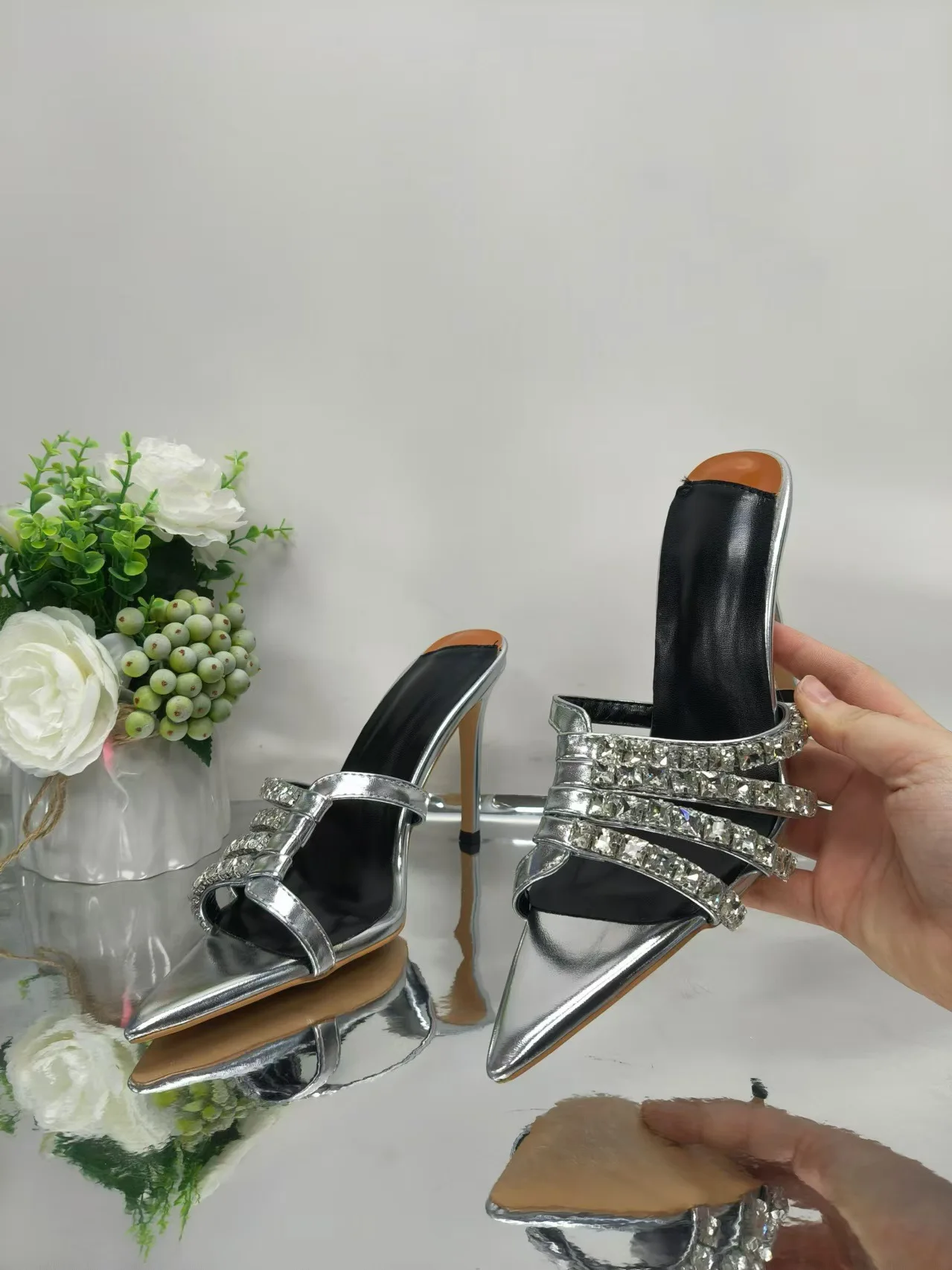 Women Silver Metallic Pointed Toe Mules Rhinestone Multi Strap Thin High Heel Slide Sandals, Party Evening Dress Slip On Heels