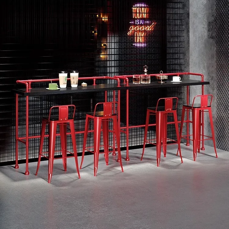 Bar table bar milk tea shop household wall solid wood long table wrought iron high table and chair combination