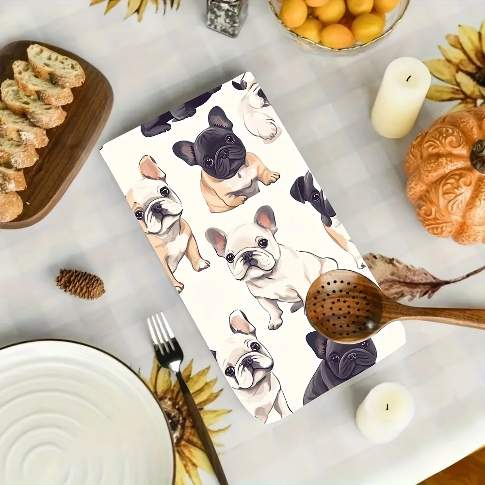 2Pcs, Vintage French Bulldog Puppy Kitchen Towels, 40Cm*60Cm Towel Set, Best Kitchen Towels, Super Absorbent Soft Cleaning Cloth, Cooking and Baking Tea Towel, Hand Towel, Cleaning Cloth, Dishcloth, Kitchen Decoration, Living Room Decorations, Kitchen Essentials, Home Essentials