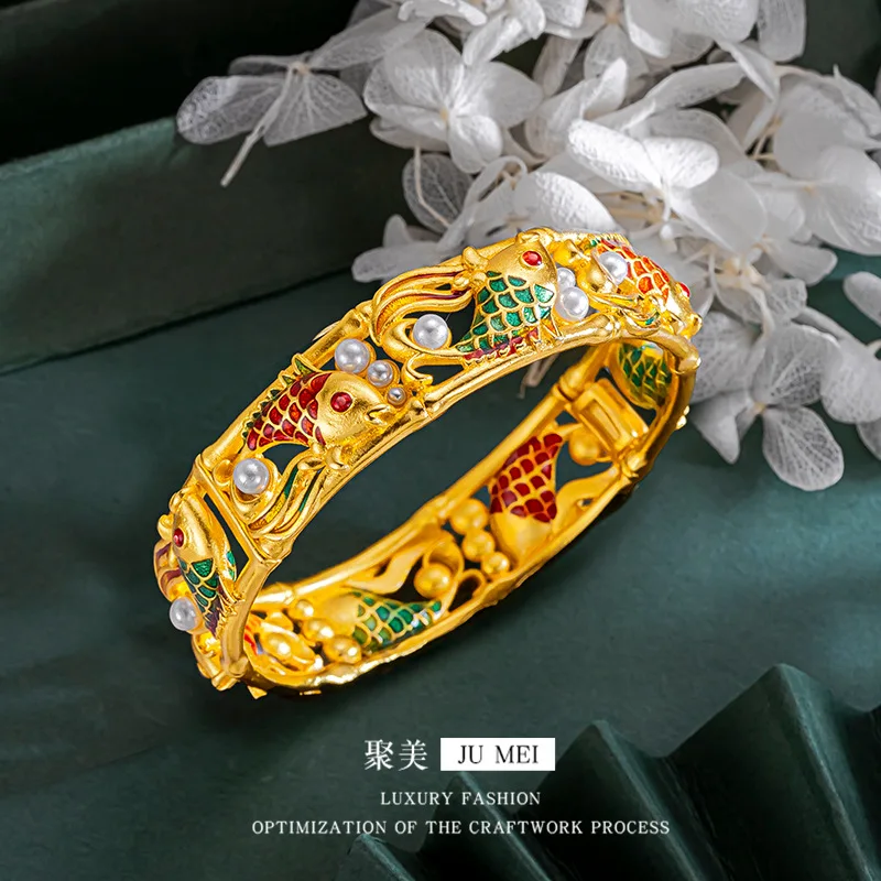 

Cynlo Jewelry Luxury 24K 9999 Pure Gold real gold Burned Blue Buckle Pearl Koi Women's Open Bracelet Bracelet