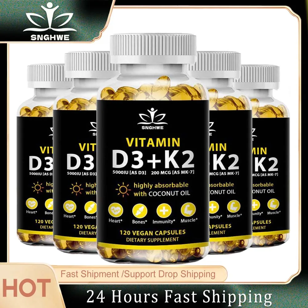 Vitamin D3 K2 Capsules Daily Supplement Natural Coconut Oil Healthy Immune System Heart and Bones Vegetarian Supplements