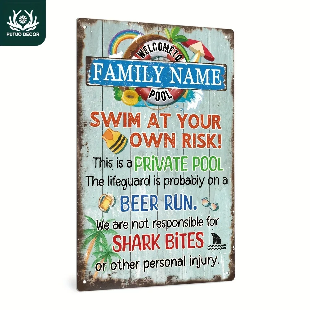 Custom Surname Private Pool Tin Sign Vintage Farmhouse Swimming Pool Wall Decor Gift