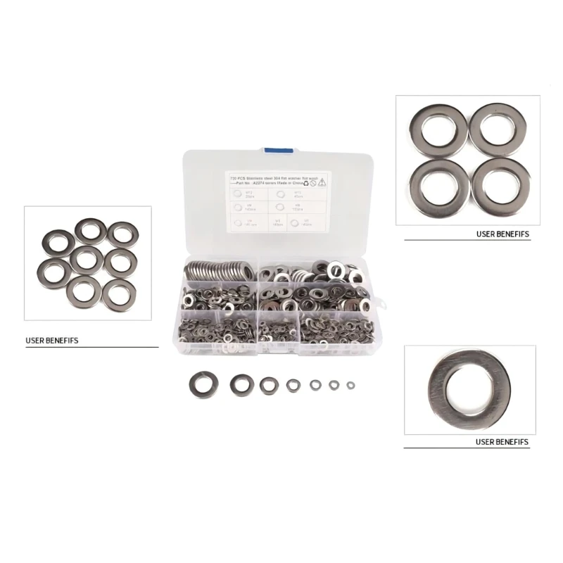 720Pcs 7 Sizes Stainless Steel Flat Washers Set Hardware Assortment Set 3/4/5/6/8/10/12 for Screw Bolt