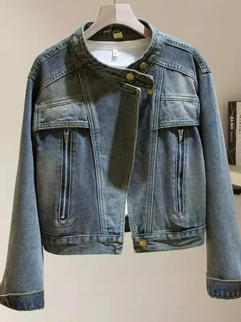 

Spring and Autumn Stand Collar Trendy Design Denim Jacket Women's New Style Vintage Versatile Loose Fashion Coat Top j413