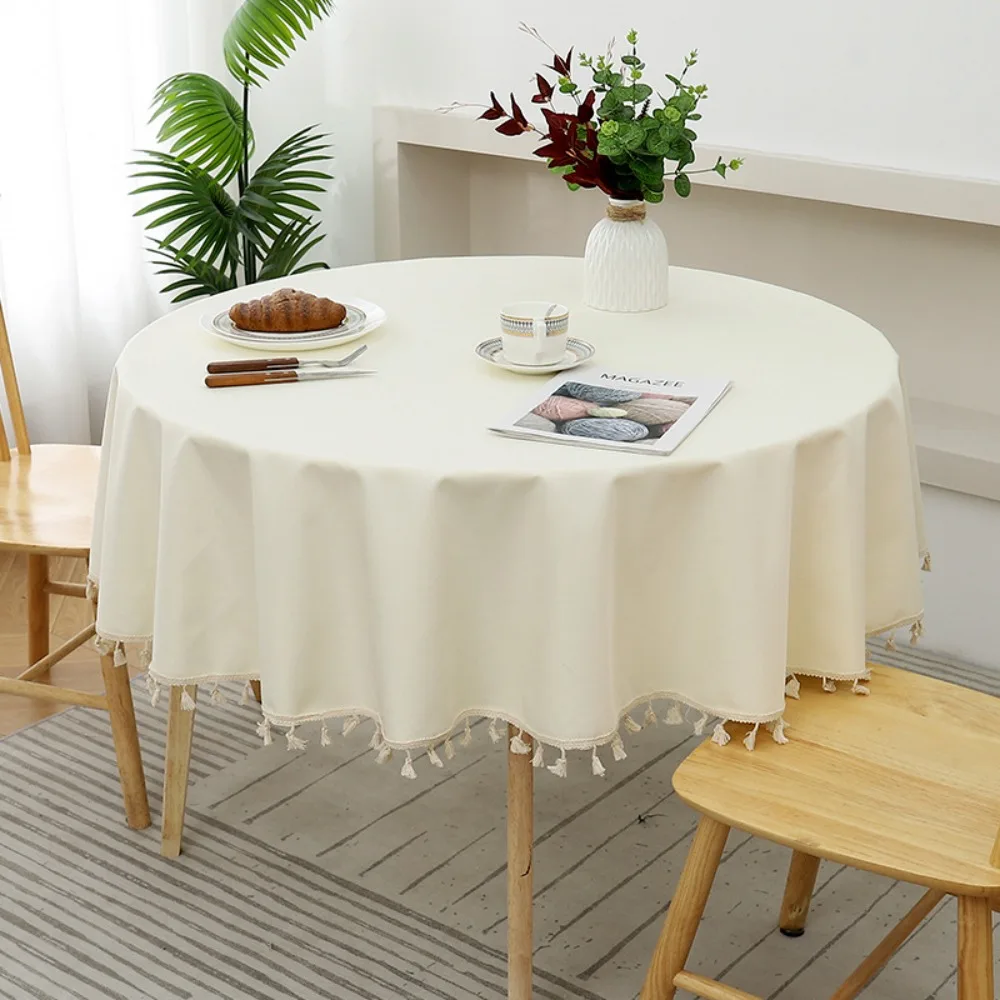 

Table Decor TPU Cotton Linen Tablecloth with Tassel Waterproof Dining Table Cover Round Dustproof Table Mat Home Decoration