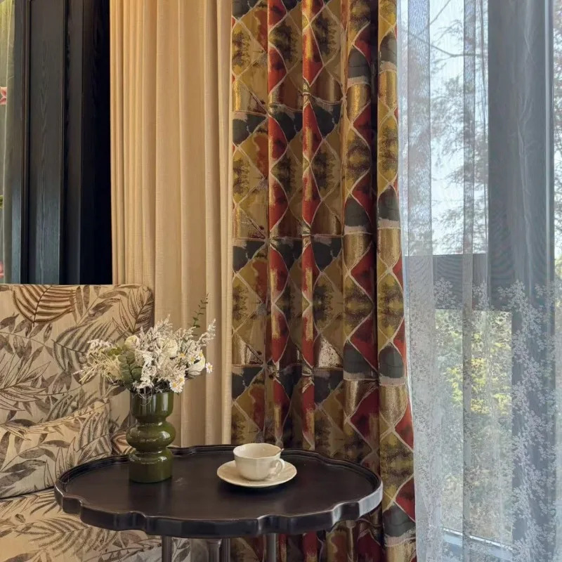 American Retro Contrasting Diamond Gilt Curtains Oil Painting Jacquard Curtains for Living Dining Room Bedroom White Tulle Decor