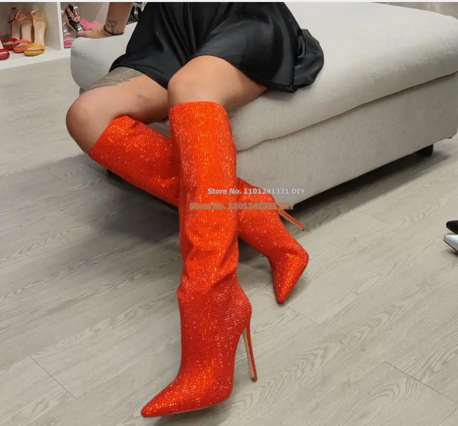 

Red High Heels Boots Suede Pointed To Cristal 110 Mm Thin High Heel Knee High Boots Women's Pointed Toe Long Boot