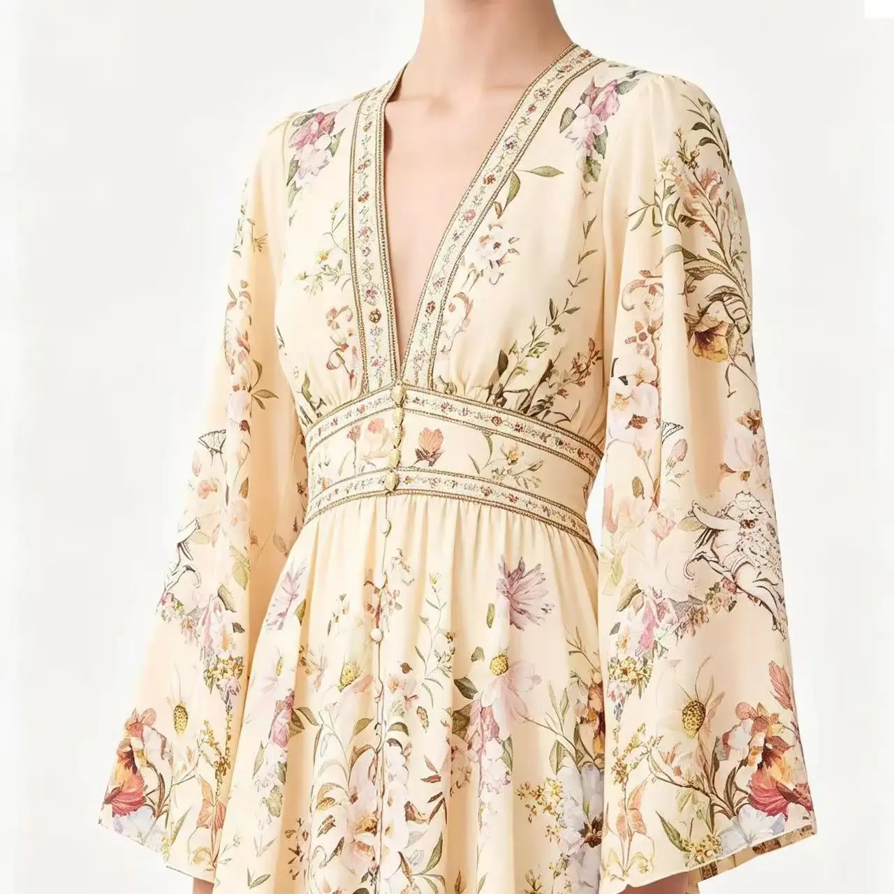 100% Seide Damenkleid mit Blumenmuster, Schwer Perlenbesetzt, V-Ausschnitt, Lange Ärmel, Hohe Taille, Einreihig, Modisches Damen-Minikleid