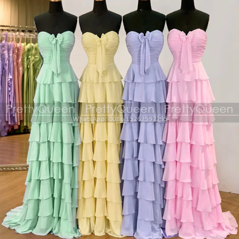 

Tiered A Line Bridesmaid Dresses Bows Strapless Long Customized Flowy Chiffon Wedding Party Dress Maid Of Honor