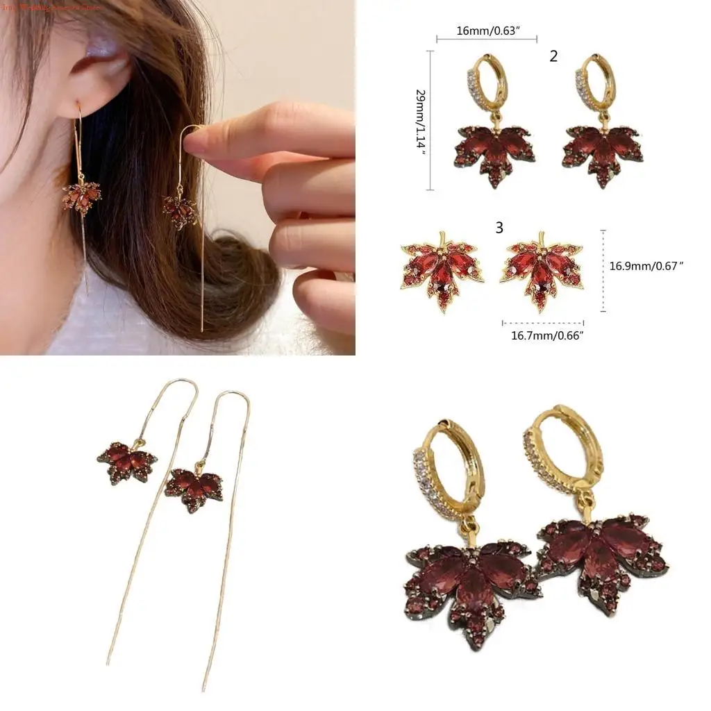 G92D Vintage Red Maple Earring for Women Temperament Crystal Ear Drop