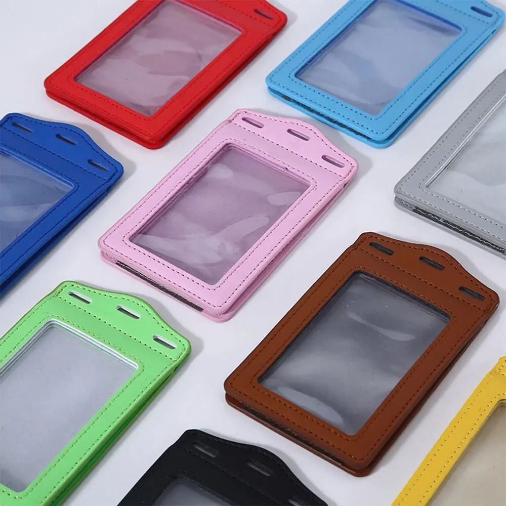 PU Leather ID Card Holder with Card Slots Tri-fold Badge Holder Transparent Card Holder