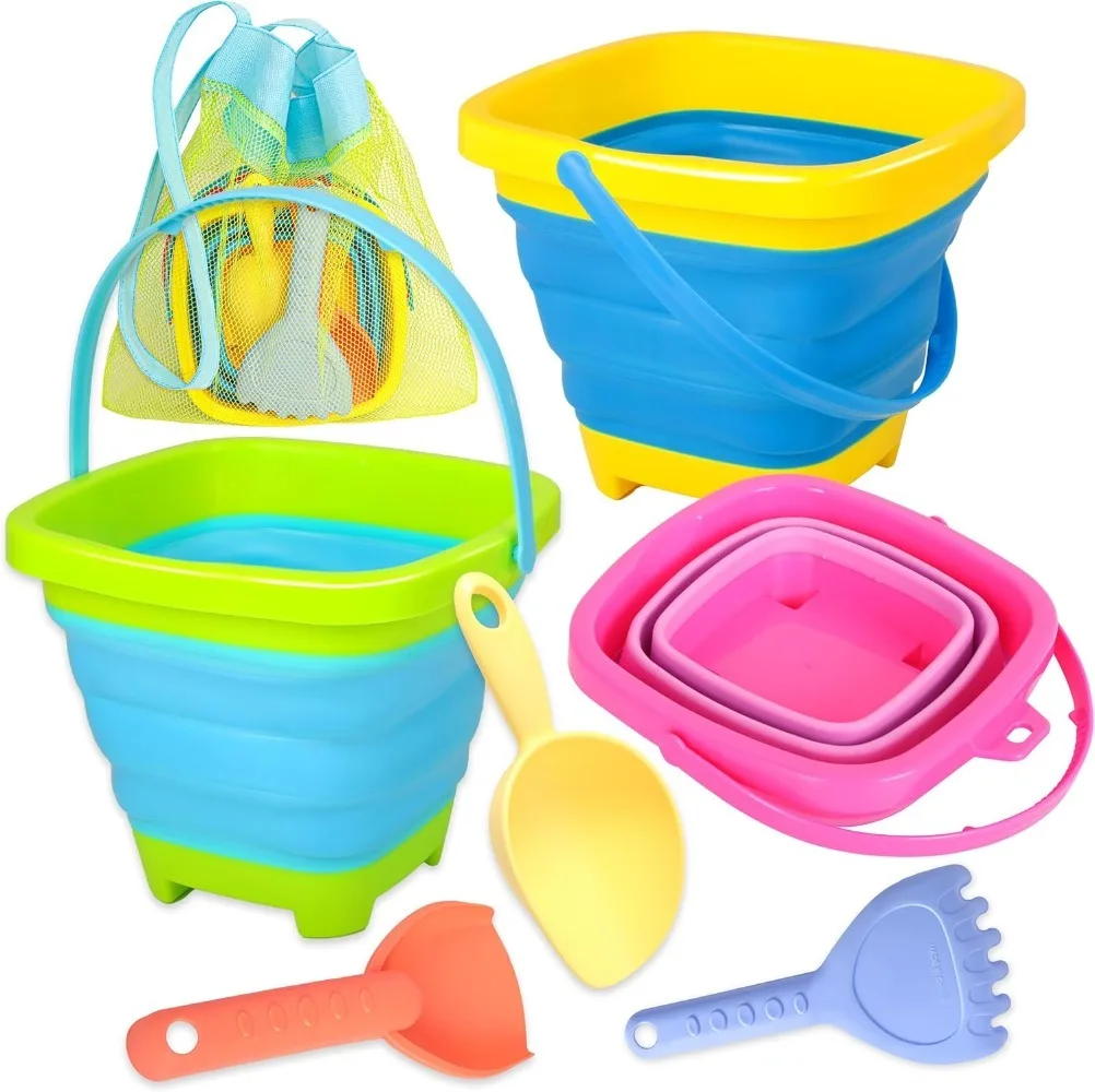 

Collapsible beach sand bucket set of 3 Collapsible sand bucket set with shovel and mesh bag Foldable beach toys