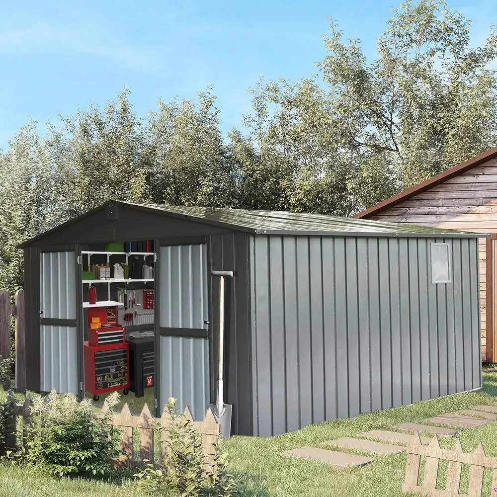 Large 11x12.5ft Metal Storage Shed with Lockable Double Doors and Air Vents for Bikes, Garden, and Outdoor Use in Grey