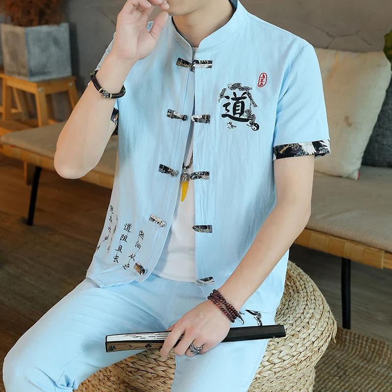 

Летний комплект из хлопка и льна: мужская тонкая рубашка с вышивкой и кардиган на пуговицах, молодежный, модный, дышащий, удобный