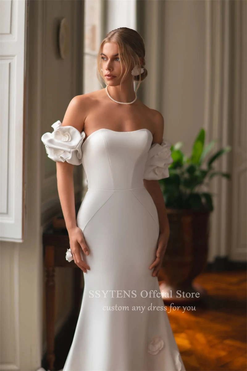 Robe de mariée sirène sexy en satin avec poignées, manches courtes, sans bretelles, robes de patients, train de balayage, fleur 3D, luxe