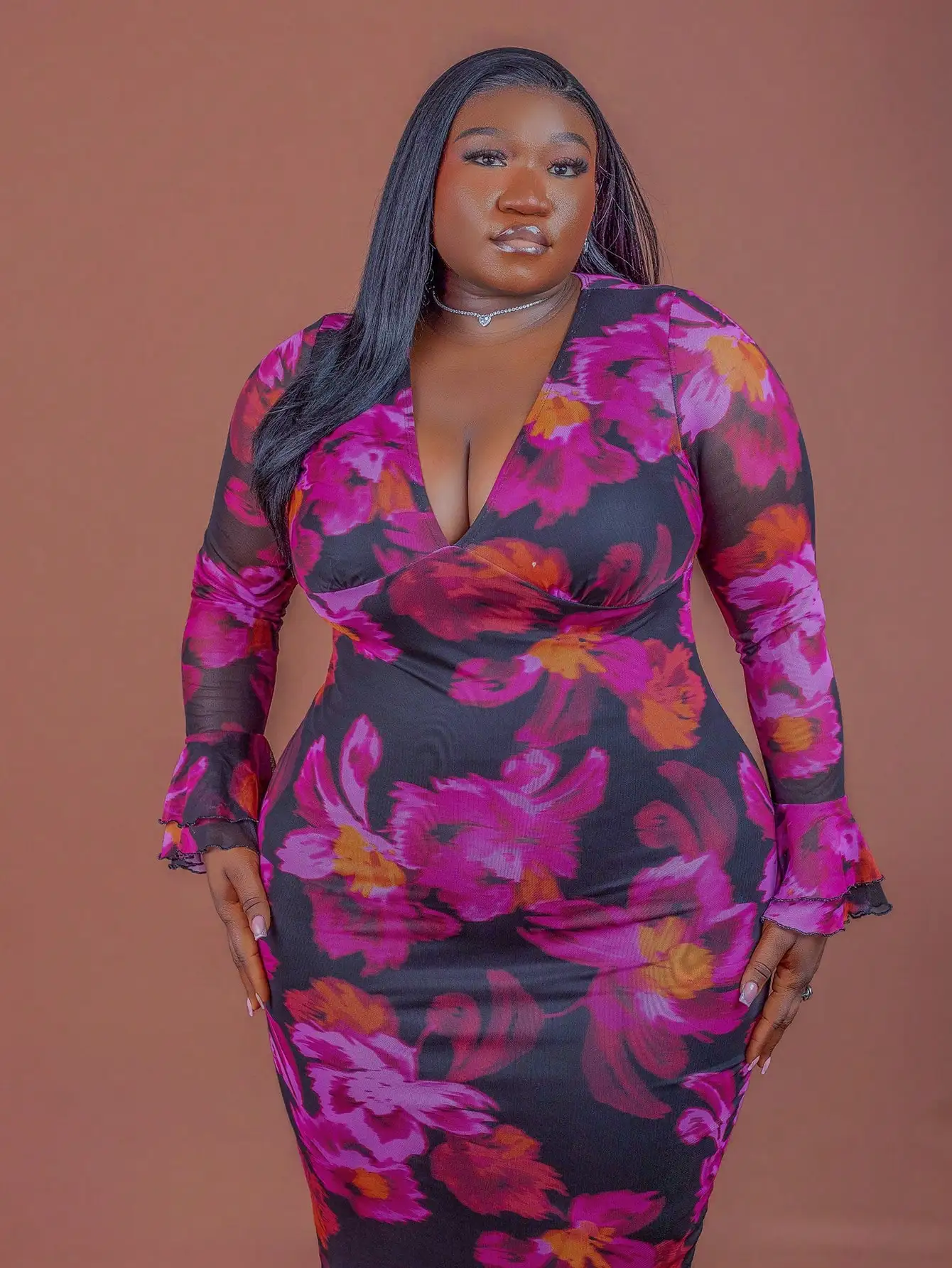 

Plus Size Women Elegant Floral Mesh Print Bodycon V-Neck Long Sleeve Dress