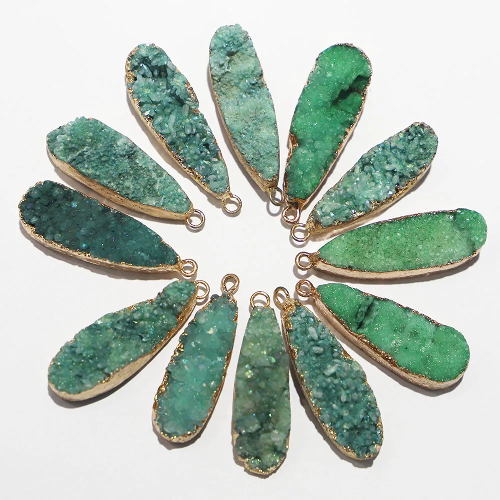 

New Natural Green Water Drop Druzy Stone Necklace Pendant Metal Mineral Specimen Agate Slice Charms Geode Rough For Jewelry 6Pcs