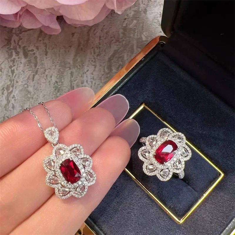 Luxury 925 Sterling Silver 4ct Cushion cut Red Ruby Gemstone Rings Earrings Necklace Jewelry Sets for Women Wedding Bridal