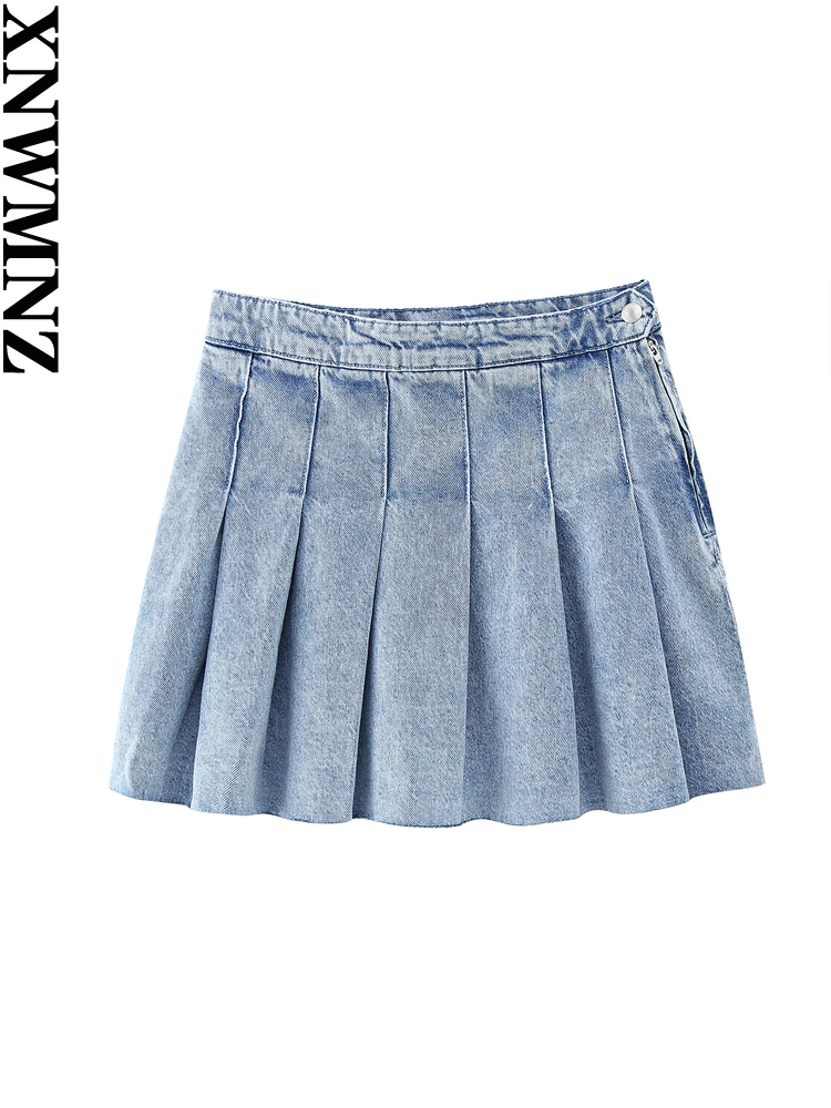 XNWMNZ 2023 Women fashion denim box pleat mini skirt woman high street high waist side zipper female chic skirt