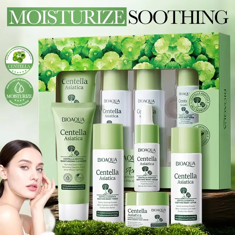 5pcs/set Centella Asiatica Skin Care Sets Moisturizing Facial Cleanser Face Cream Serum Anti-Aging Facial Skin Care Kit