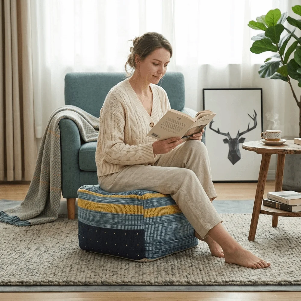 Thick Footstool Cover Unstuffed Handmade Seat Cushion Cover Color-Woven Jacquard Large Capacity Futon Cushion Cover Room Decor