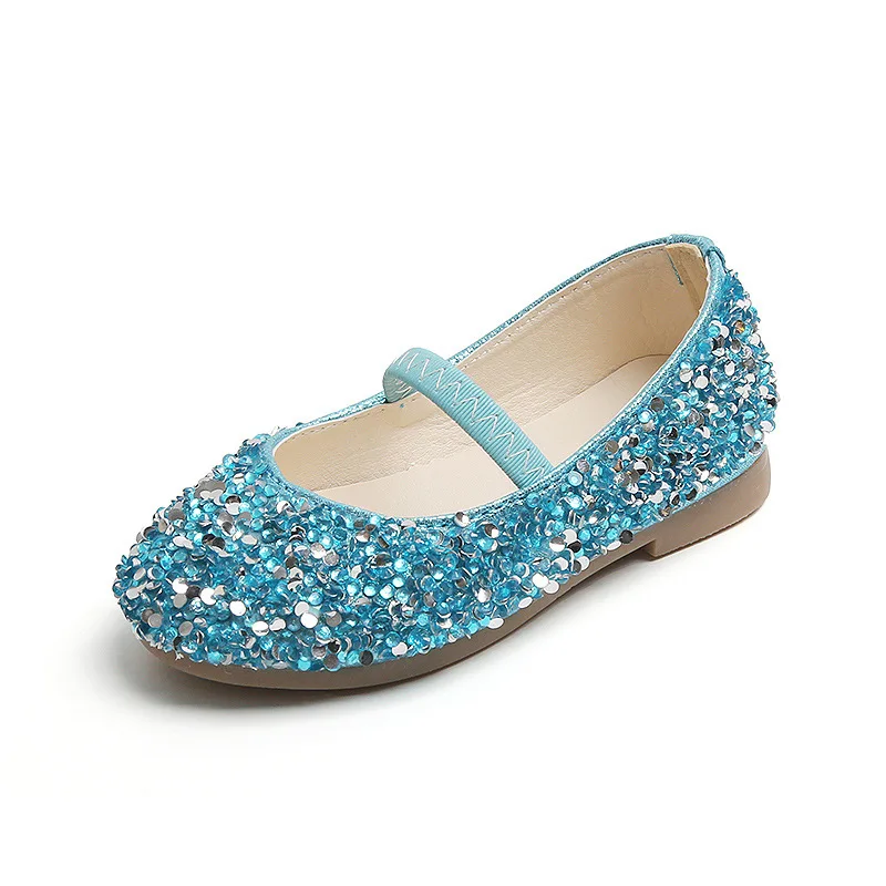 Fashionable Princess Flats Leather Shoes  Children's 2025 Spring Autumn Single Shoes Girl's Walk Show Sequin Crystal Baby Shoe