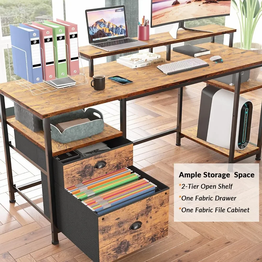 Standing Desk with 2 Drawers, 3 Open Storage Shelves, Middle Board Is Adjustable, Office Table