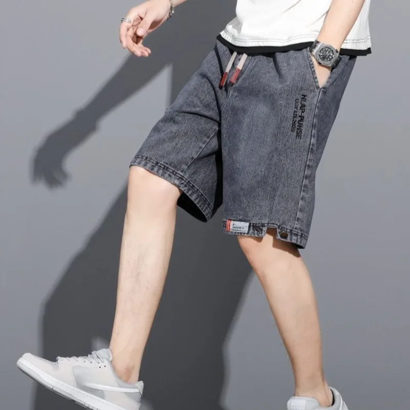 2026 Summer New Men Trendy Brand Denim Shorts Loose Drawstring 5 Inch Knee Length Shorts Versatile Streetwear Casual Bottoms