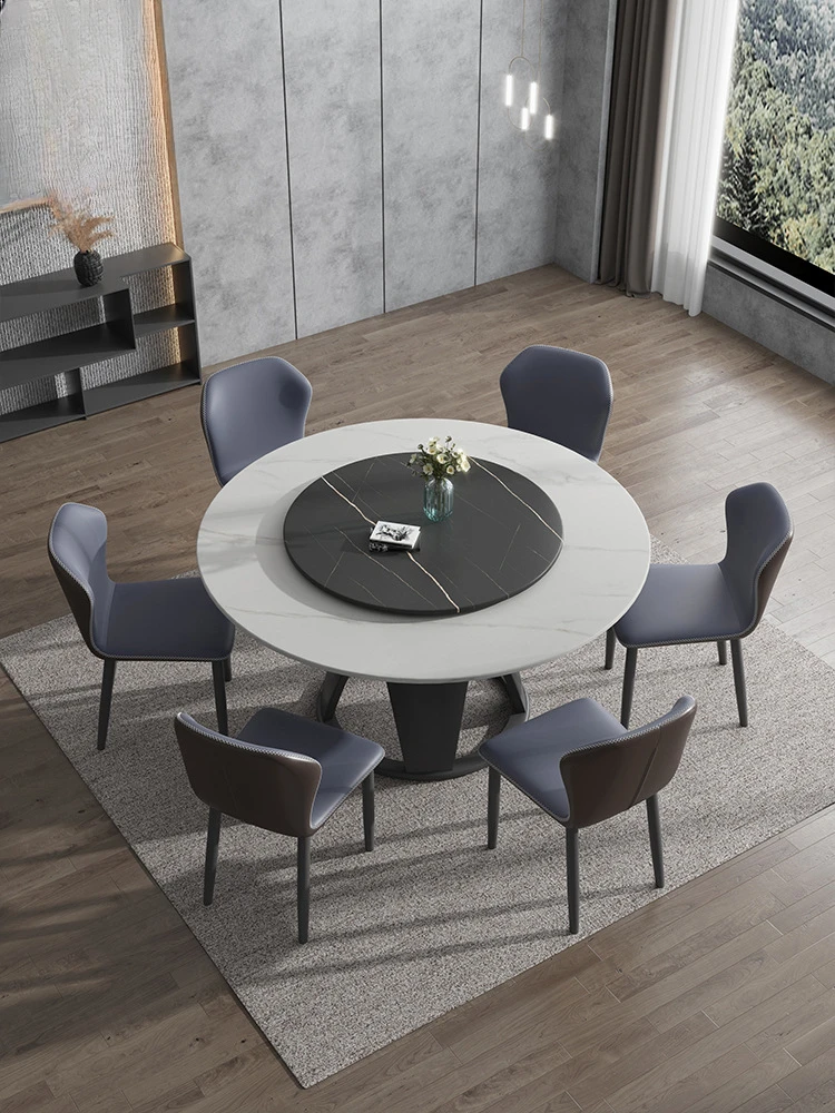 Rock plate round dining table Home living room solid wood dining table Modern simple small apartment light luxury dining