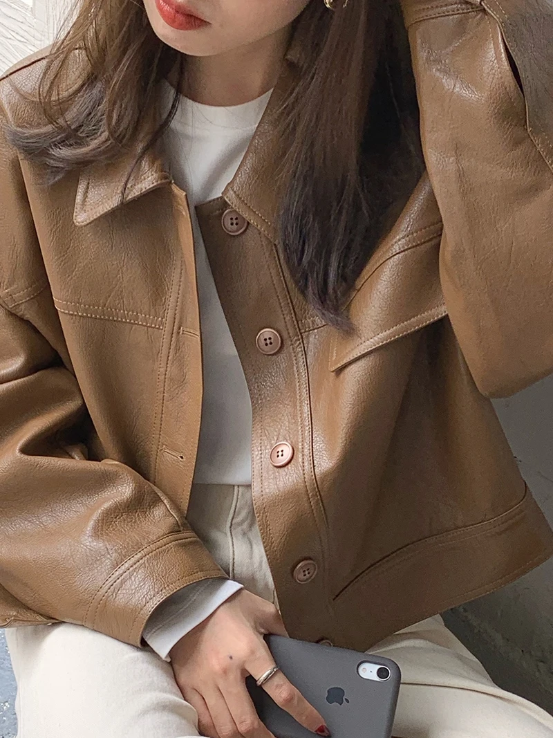 

Chic Vintage Hong Kong Sle Loose Casual Single Button Motorcycle Jaet ort Outerwear Women Spring Autumn Collar