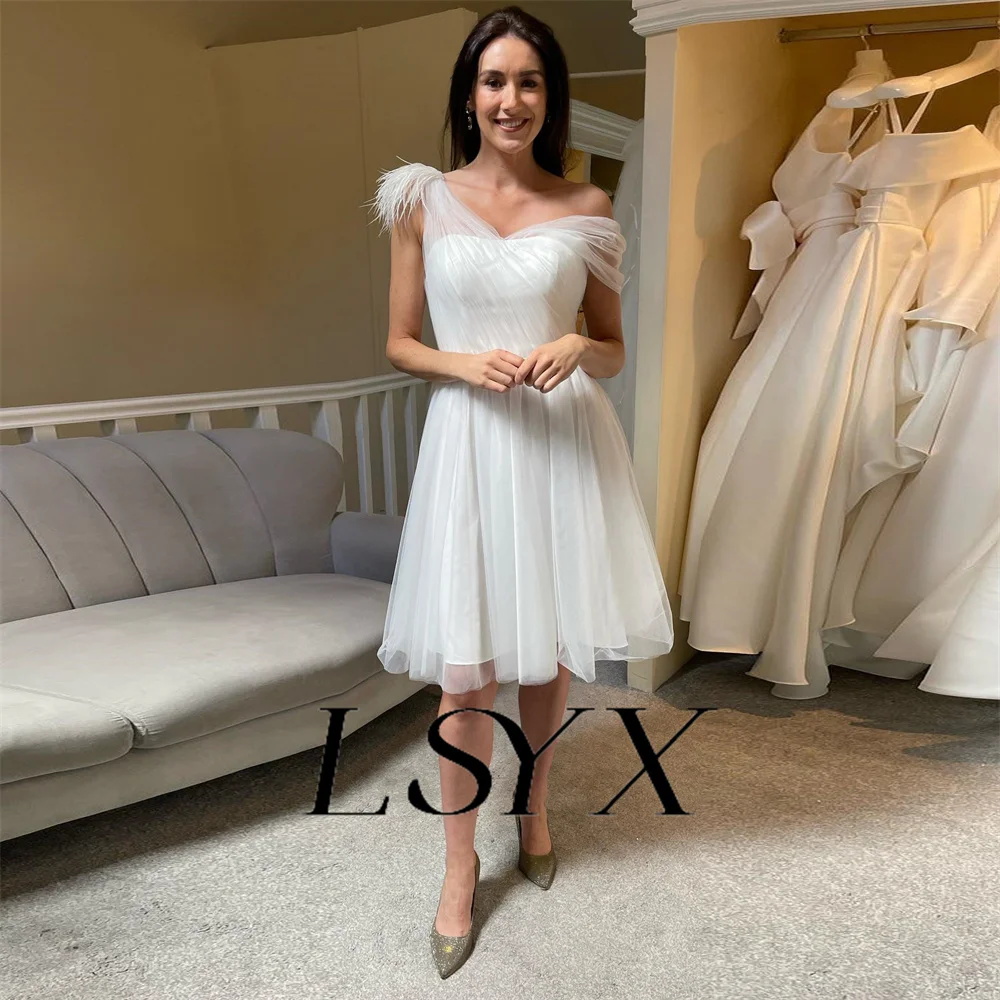 LSYX V-Neck One-Shoulder A-Line Tulle Feather Mini Wedding Dress For Women Zipper Back Above Knee Short Bridal Gown Custom Made