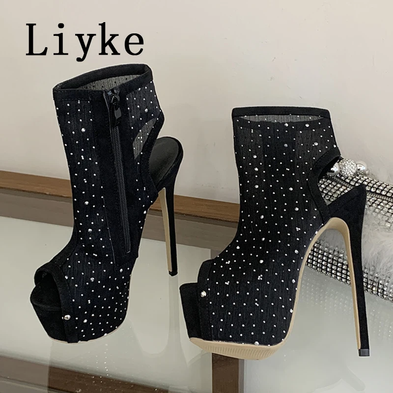 

Модные женские ботинки Liyke на платформе с кристаллами и стразами, сексуальные туфли на высоком каблуке с открытым носком и молнией для танцев на пилоне, ботильоны Mujer
