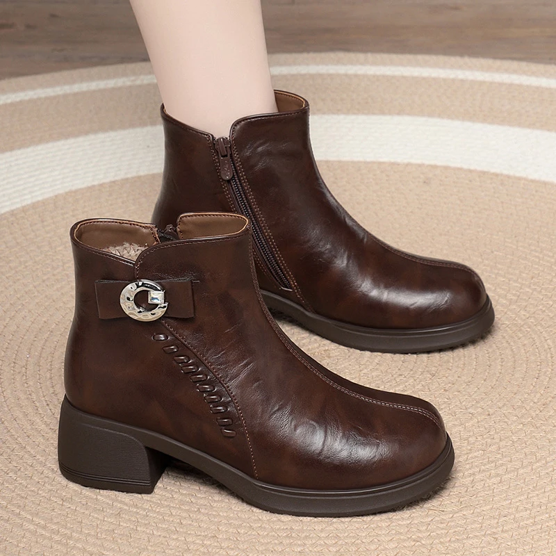 WomenS Vintage Simple Boots Platform Chunky Sole Side Zipper Elevator Ankle Boots Black Brown Casual Fashion Footwear For Ladie