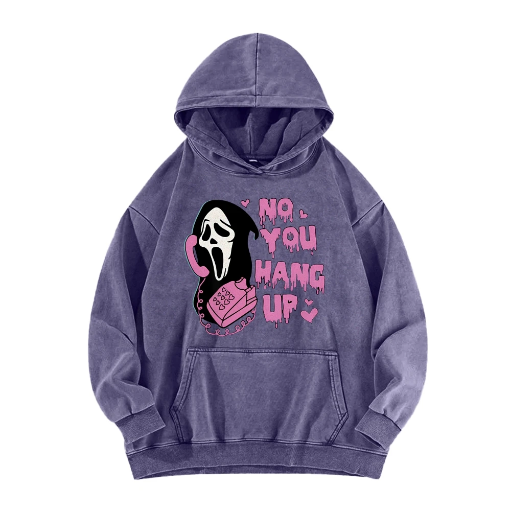 No You Hang Up Valentine Halloween Funny Couple Gift Casual Washed Hoodie Women’s Autumn Winter Spooky Season Sweatshirt