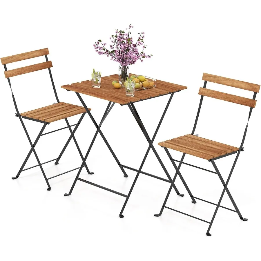 Tangkula 3 Pieces Patio Dining Set Outdoor Square Table and Folding Chairs with Metal Frame Space Saving Furniture Set for Yard
