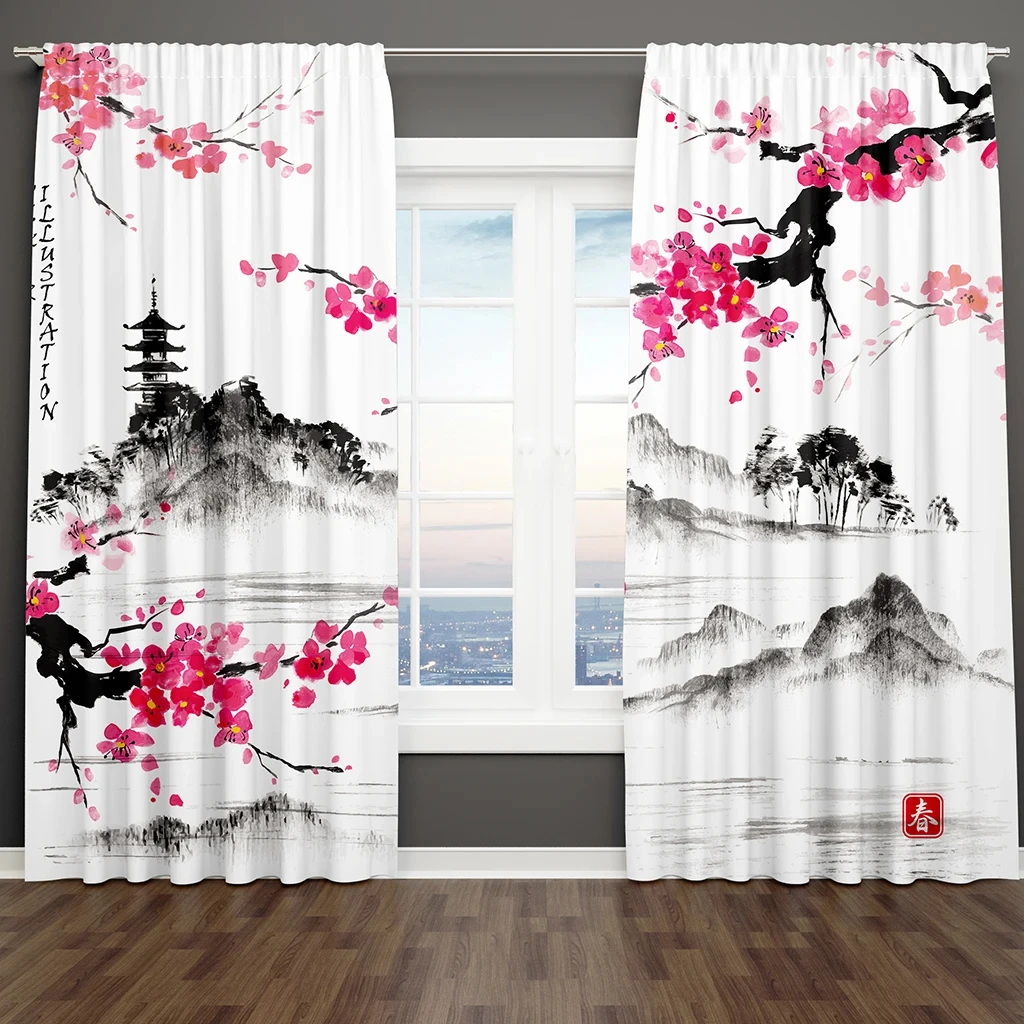 2pcs Chinese Mountain lnk Painting Print Curtain,  Digital Printing Curtains for Living Room Bedroom Kitchen Study, Home Decor