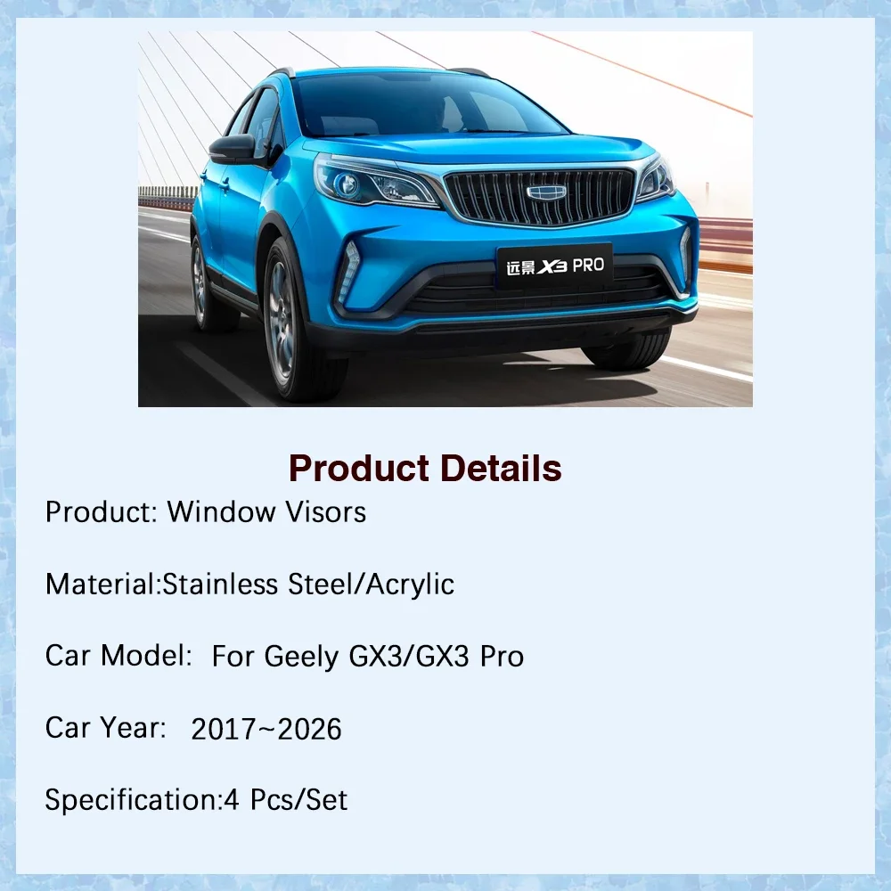 Car Window Visors For Geely GX3 Pro Yuanjing X3 Pro EMC Wave 2 2017~2026 Rain Guards Deflector Windshields Trims Car Accessories