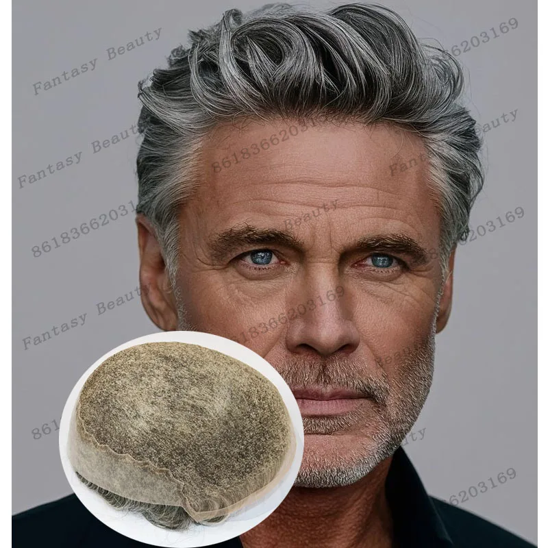 

Натуральная линия волос 30% Серые мужские волосы Парики Протез Капиллярные отбеленные узлы Q6 Швейцарский кружевной фронт 100% человеческие волосы Мужской парик