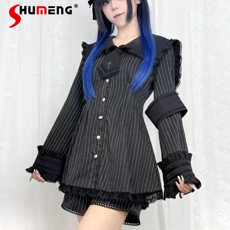 

Autumn Winter Japanese Dark Black Mine Series Mass-produced Subculture Wide Collar Top Shorts Set Bow Tie Armband Vestidos Women