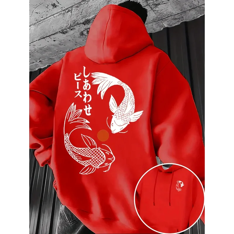 سويت شيرت رجالي بغطاء للرأس، نمط كوي - تصميم كوي هندسي وشخصيات يابانية، قابل للغسل في الغسالة #6