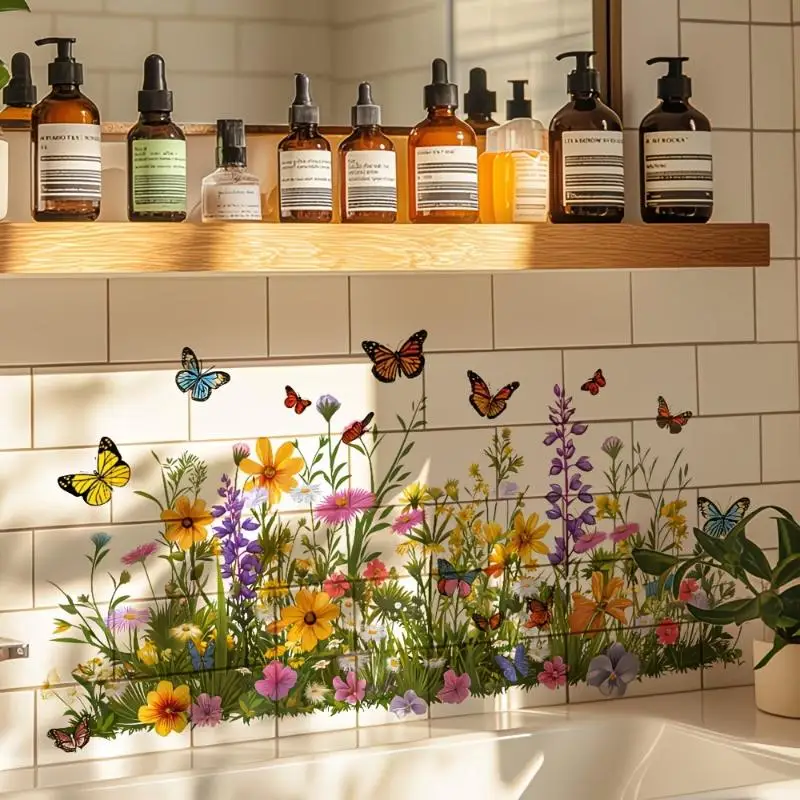 Fresh Floral Pattern Sink Area Background Wall Sticker Bathroom Wall Decoration Self-Adhesive Removable Waterproof Sticker