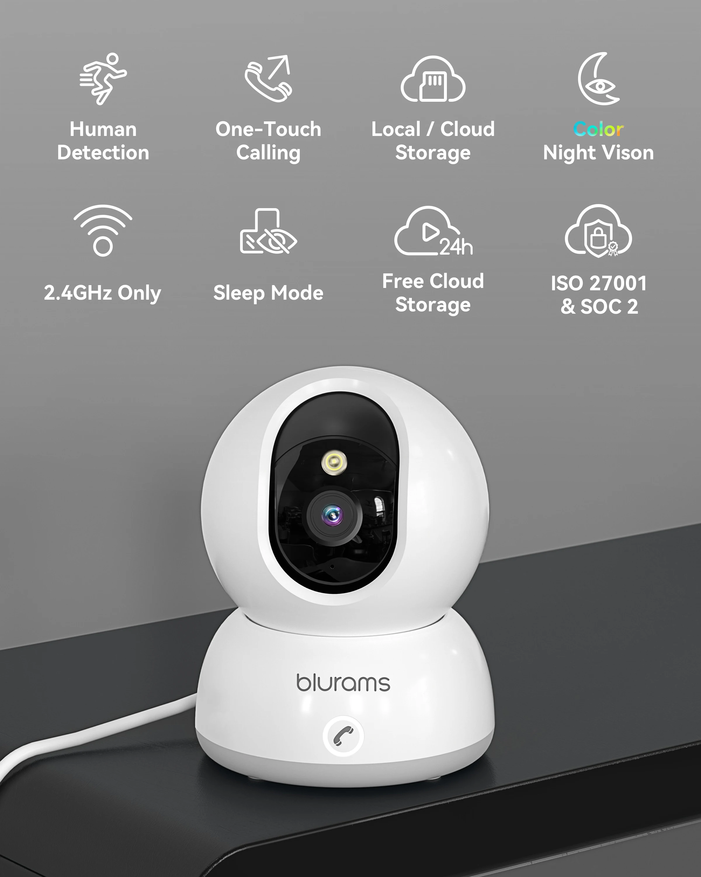 Blurams 4MP Indoor Security Camera, One-Click Call, 2.4G WiFi, AI Detection, Two-Way Audio, Home Cam for Baby Dog Elder