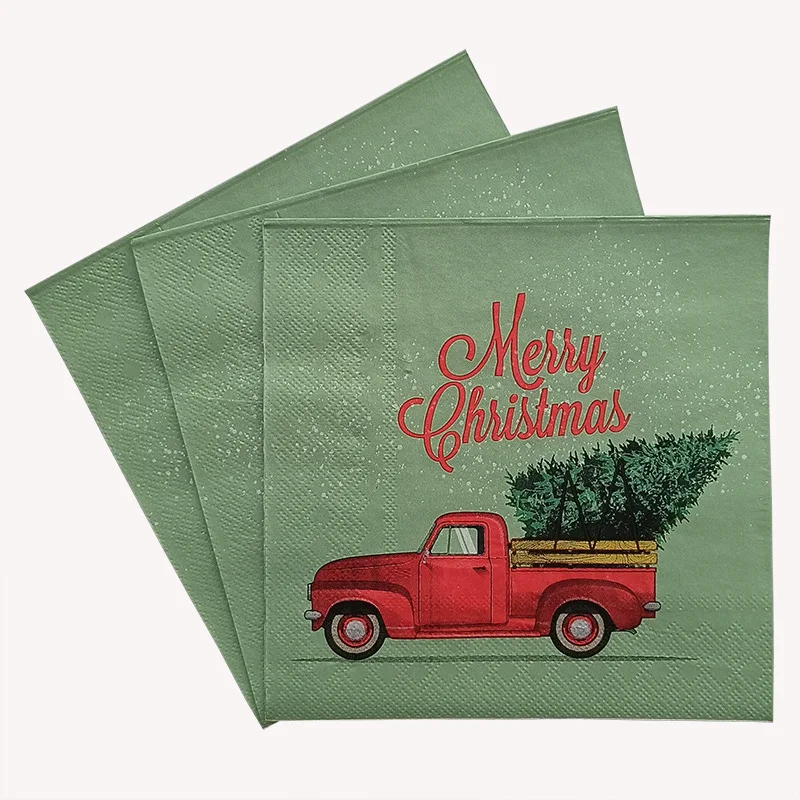 Guardanapos impressos verdes, 2-Ply, verde, caminhão vermelho, coleção de Natal, placas de papel descartáveis, borboleta, barril, festa, 33cm, 20 unidades por pacote