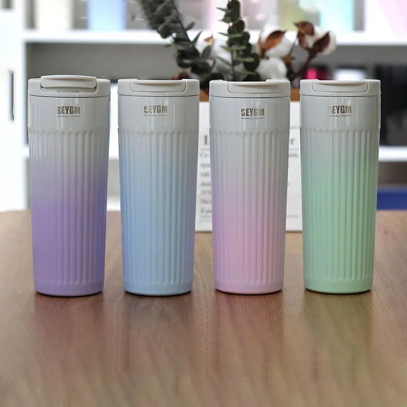 New 304 Stainless Steel Insulated Coffee Cup Bouncing Striped Ladies Water Bottle Car Mounted Beverage Cup White Color Office...