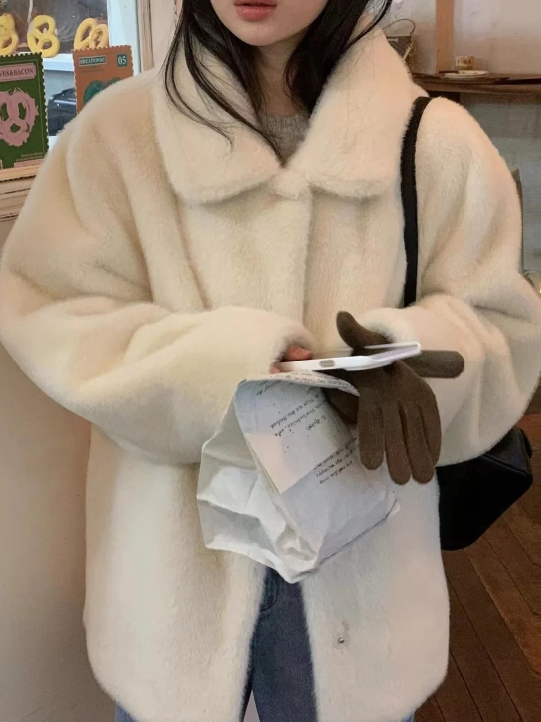 Korean Sle ort Fur Jaet Women's Winter Coat Medium Length Single Buttoned Leather And Fur Inteated Outerwear for Ladies