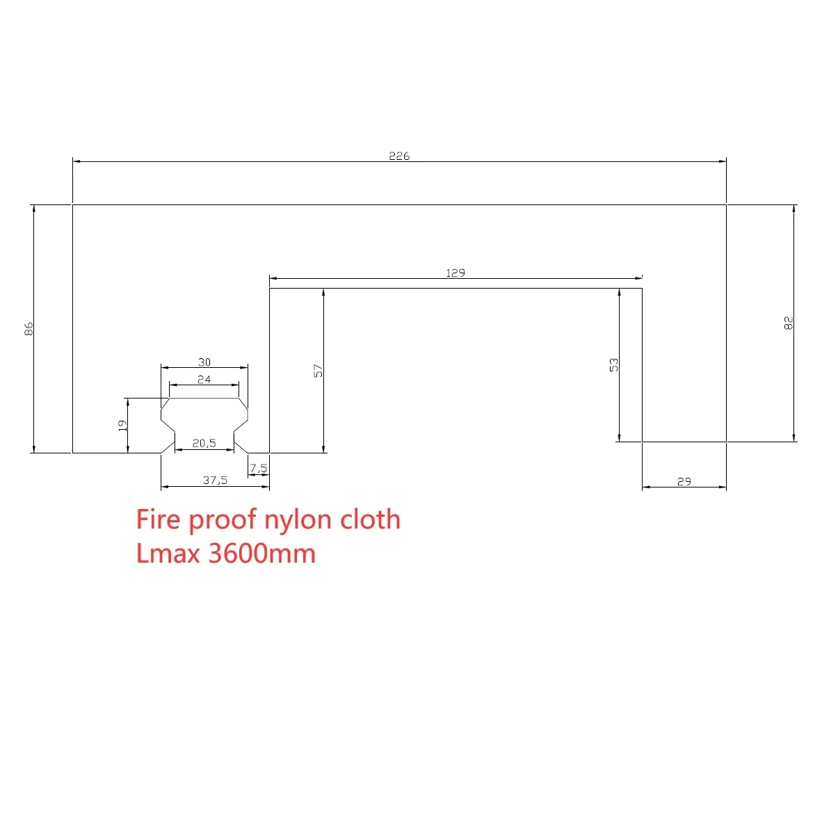 Guide slideway Bellow Covers with fire proof nylon cloth, width 226 mm x height 86 mm x Lmax 3600 mm