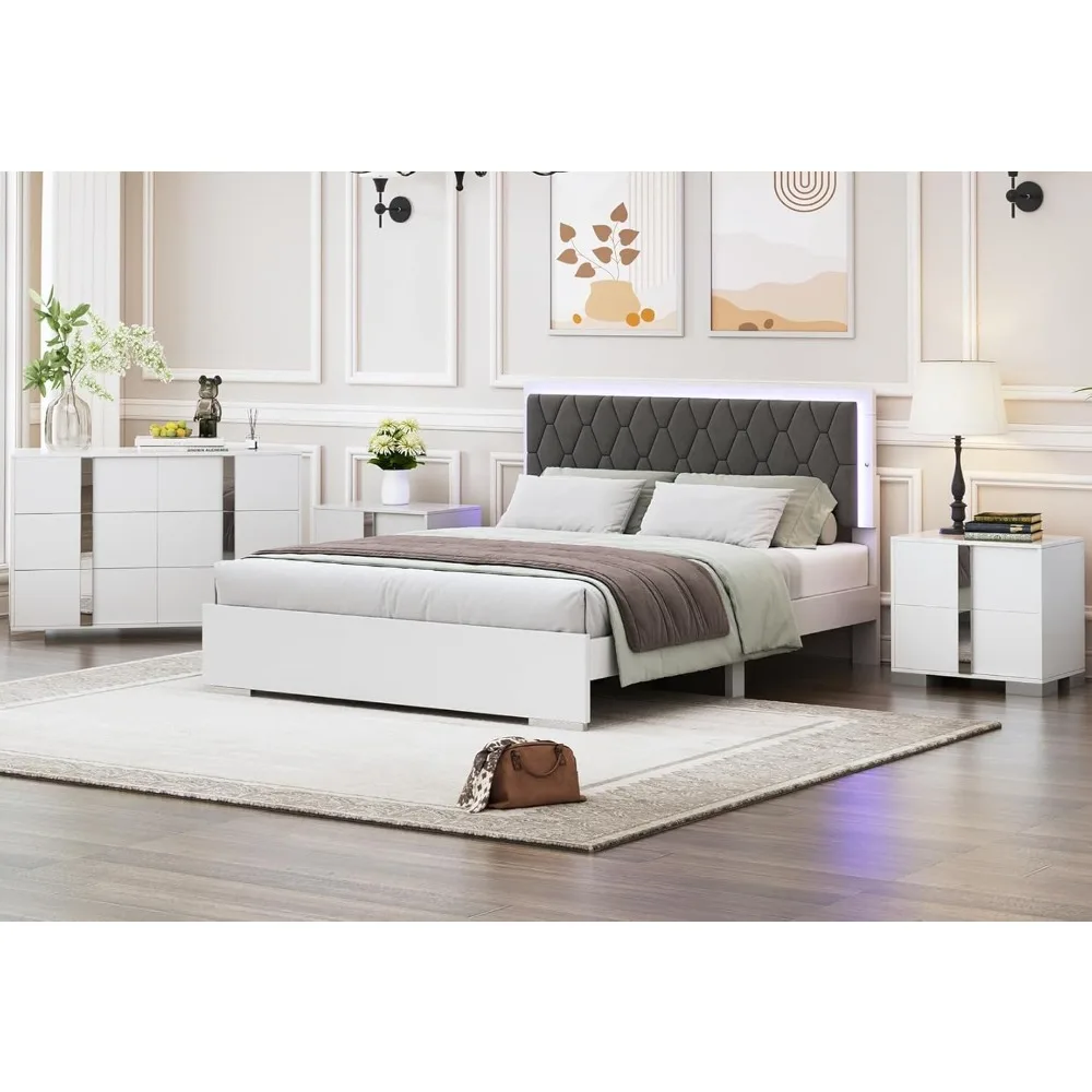 4-Pieces Bedroom Set, Queen Size Bed Frame Platform with LED Lights Upholstered Headboard & 6 Drawers Dresser Cabinet