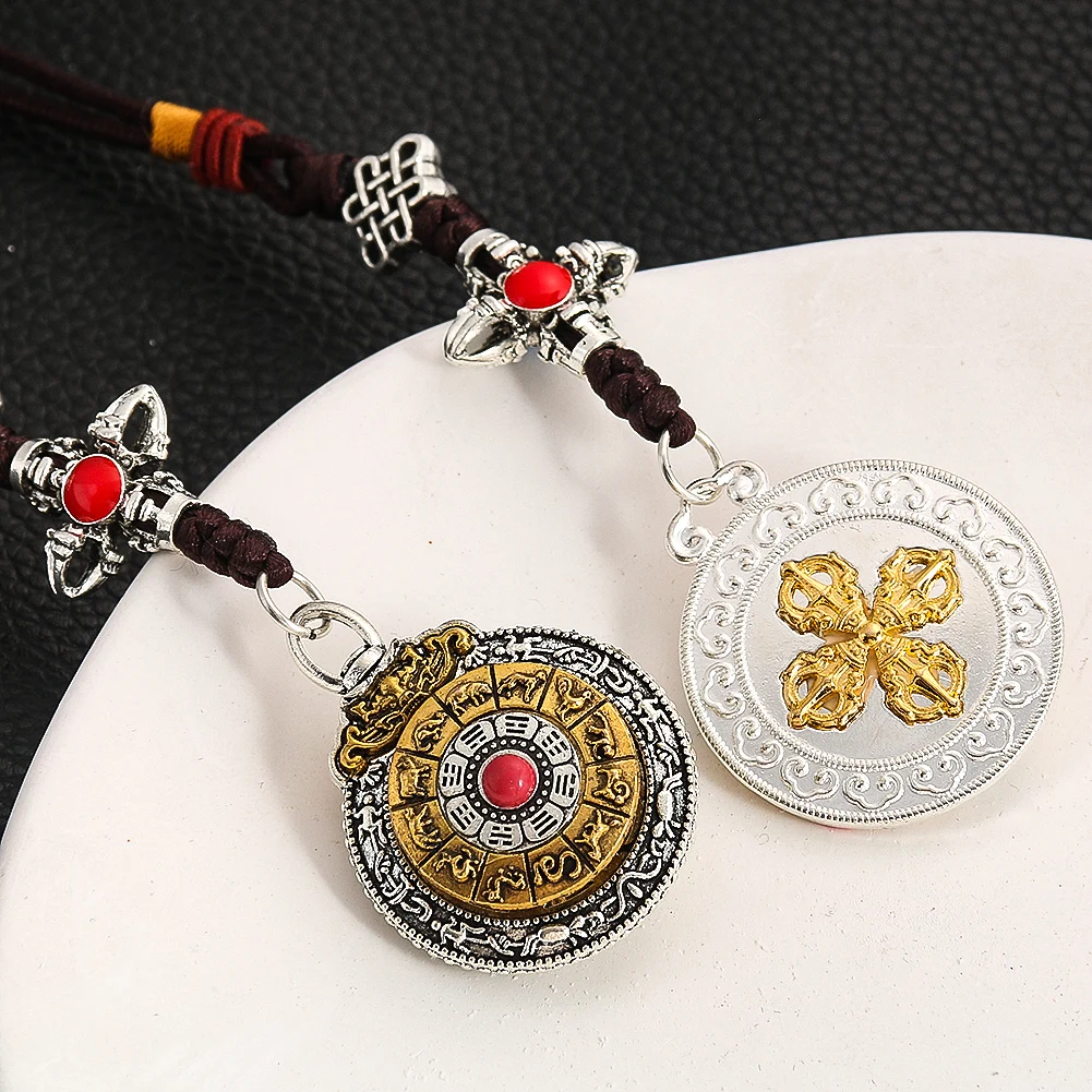 Religious Amulet Tibetan Buddhism Lotus Flower Sanskrit Vajra Pestle Chinese Knot Metal Pendant Keychain Mascot Meditation Charm